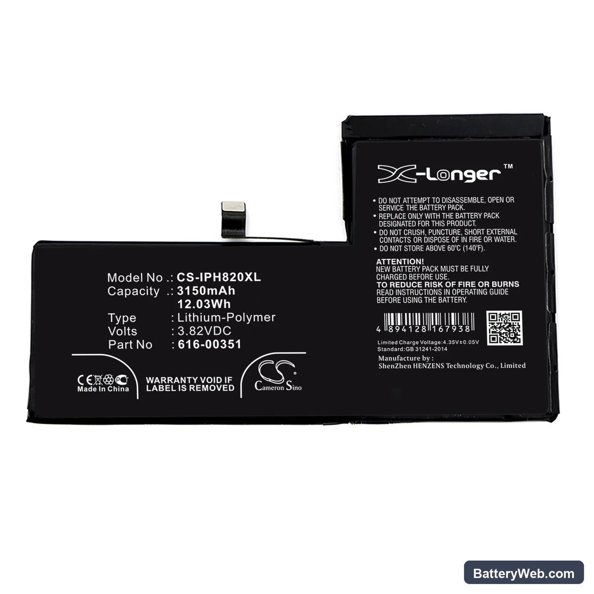 Apple iPhone X Replacement Battery, 3.82V, 3150mAh, Li-Polymer 3