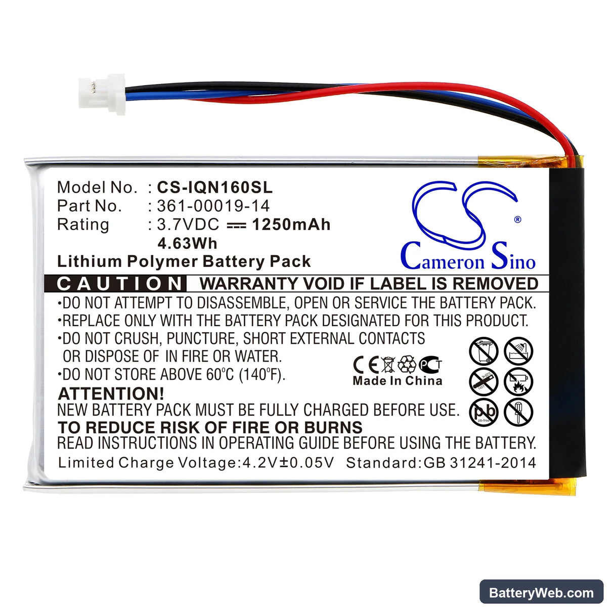 Garmin Nuvi 1690 Replacement Battery, 3.7V, 1250mAh, Li-Polymer 3