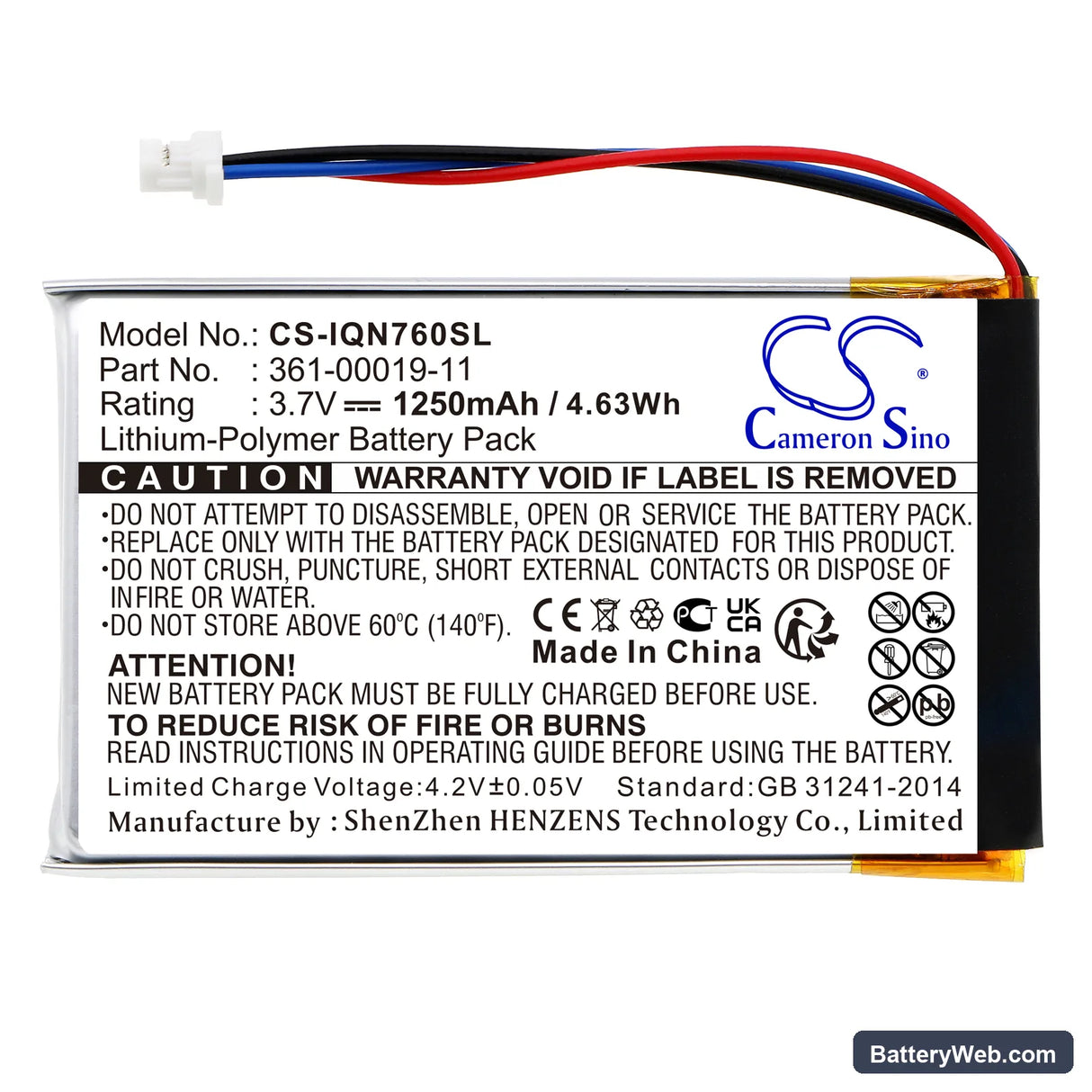 Garmin Nuvi 760 Replacement Battery, 3.7V, 1250mAh, Li-Polymer 3