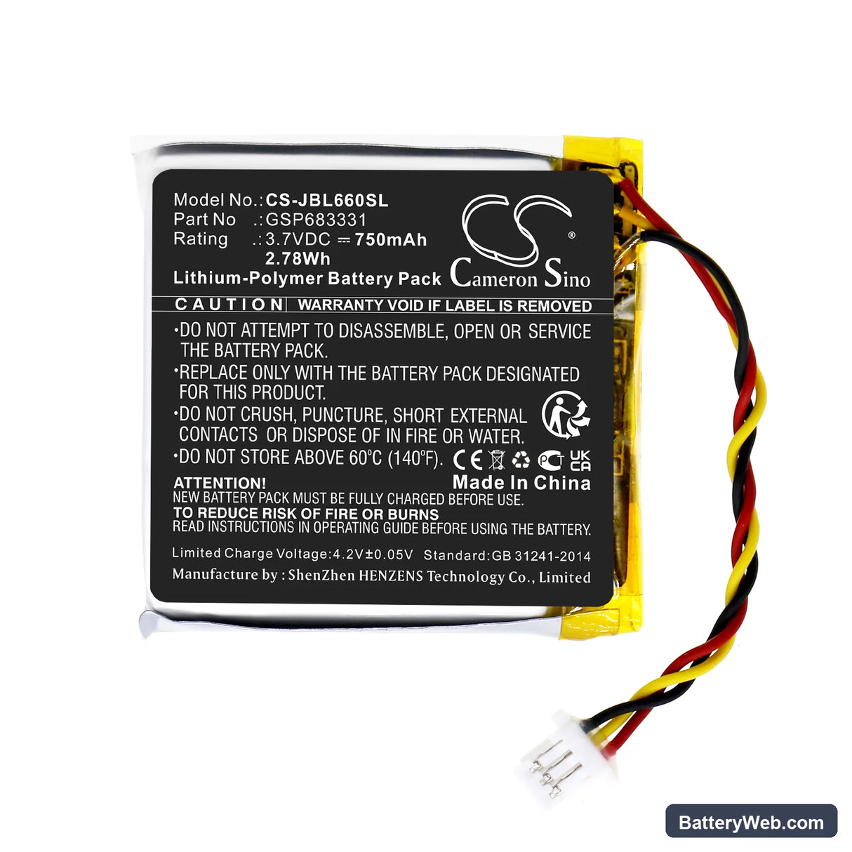 JBL Live 660 Replacement Battery, 3.7V, 750mAh, Li-Polymer 3