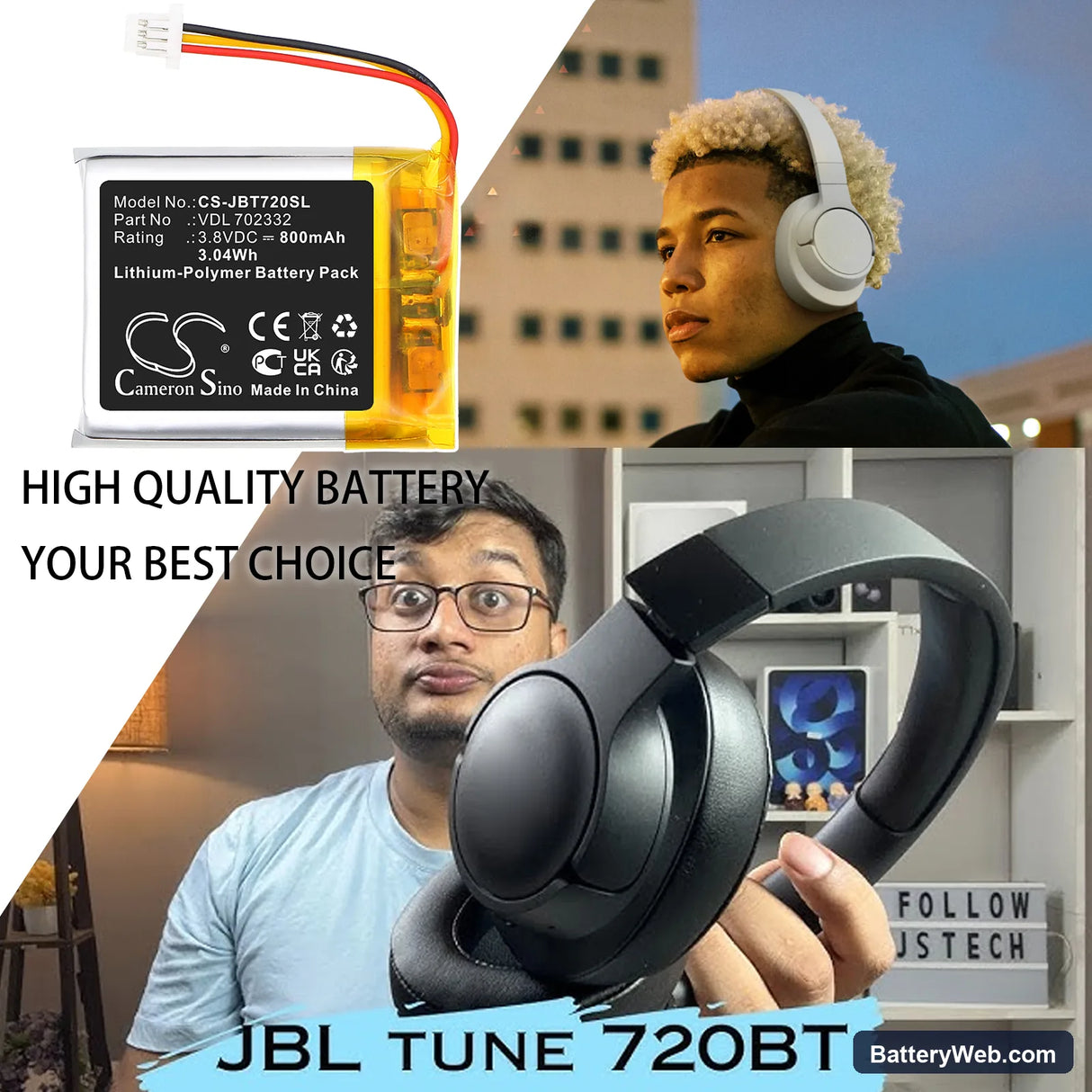 JBL Tune 720 BT Replacement Battery, 3.8V, 800mAh, Li-Polymer 6