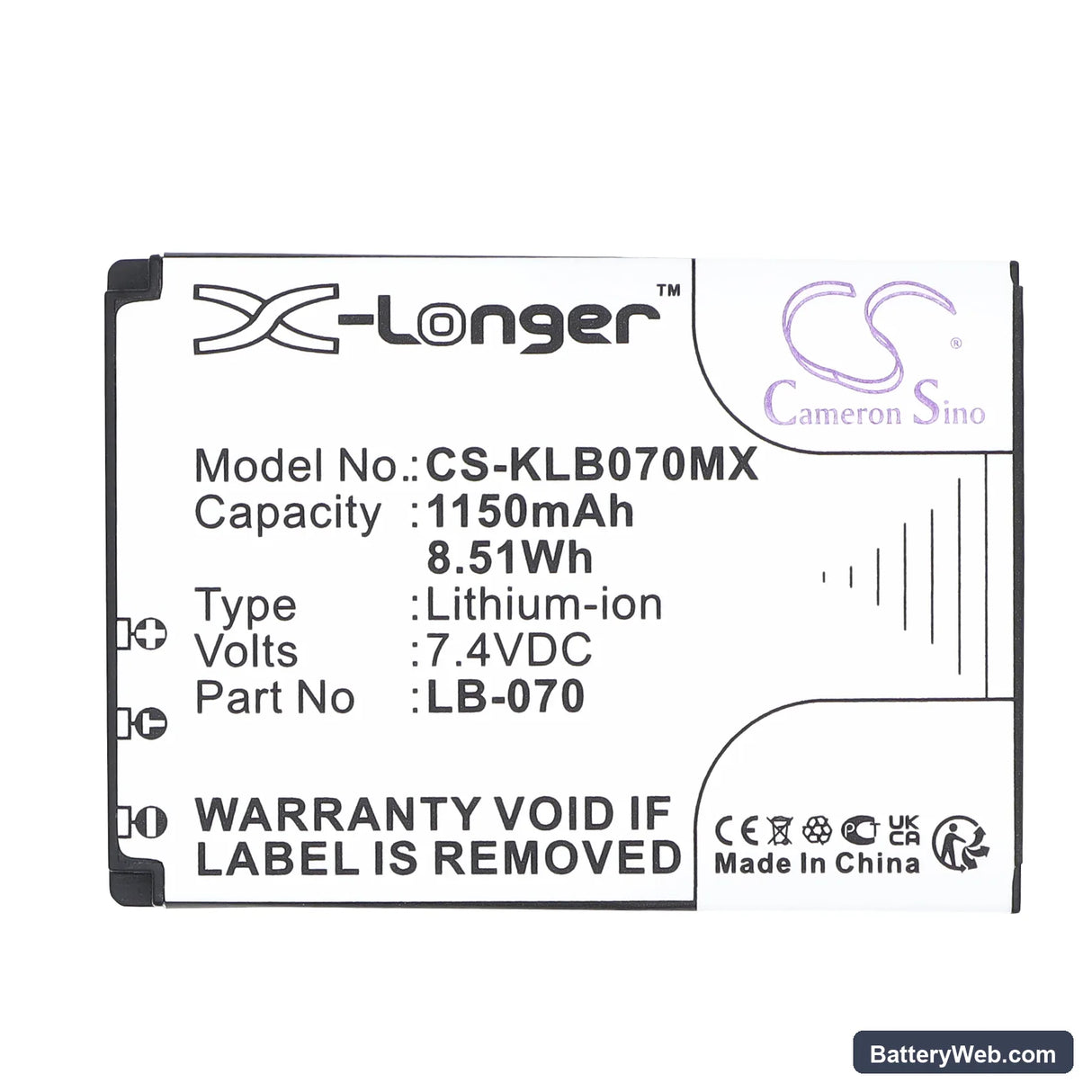 Kodak PIXPRO S1 Replacement Battery, 7.4V, 1150mAh, Li-ion 5