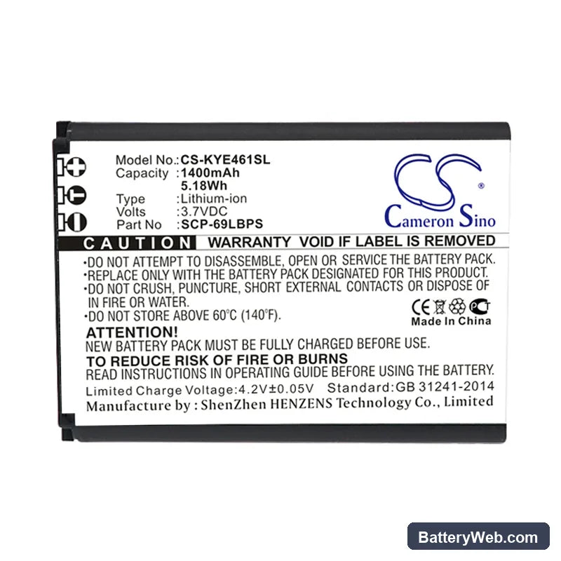 Kyocera DuraXV LTE Replacement Battery, 3.7V, 1400mAh, Li-ion 3
