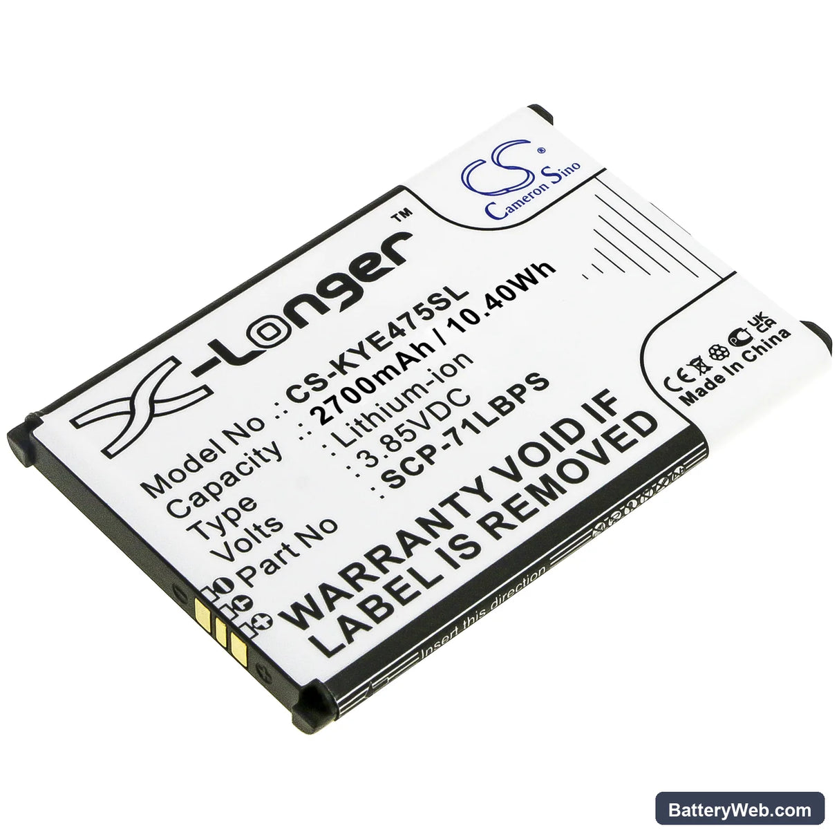 Kyocera DuraTR Replacement Battery, 3.85V, 2700mAh, Li-ion 1