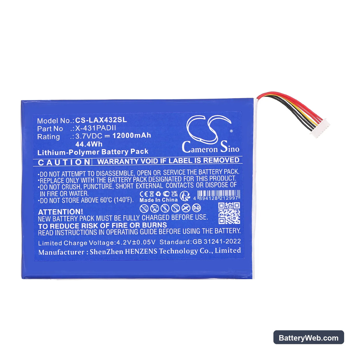 Launch Diagnostic Scanner X431 Pad 2 Replacement Battery, 3.7V, 12000mAh, Li-Polymer 3