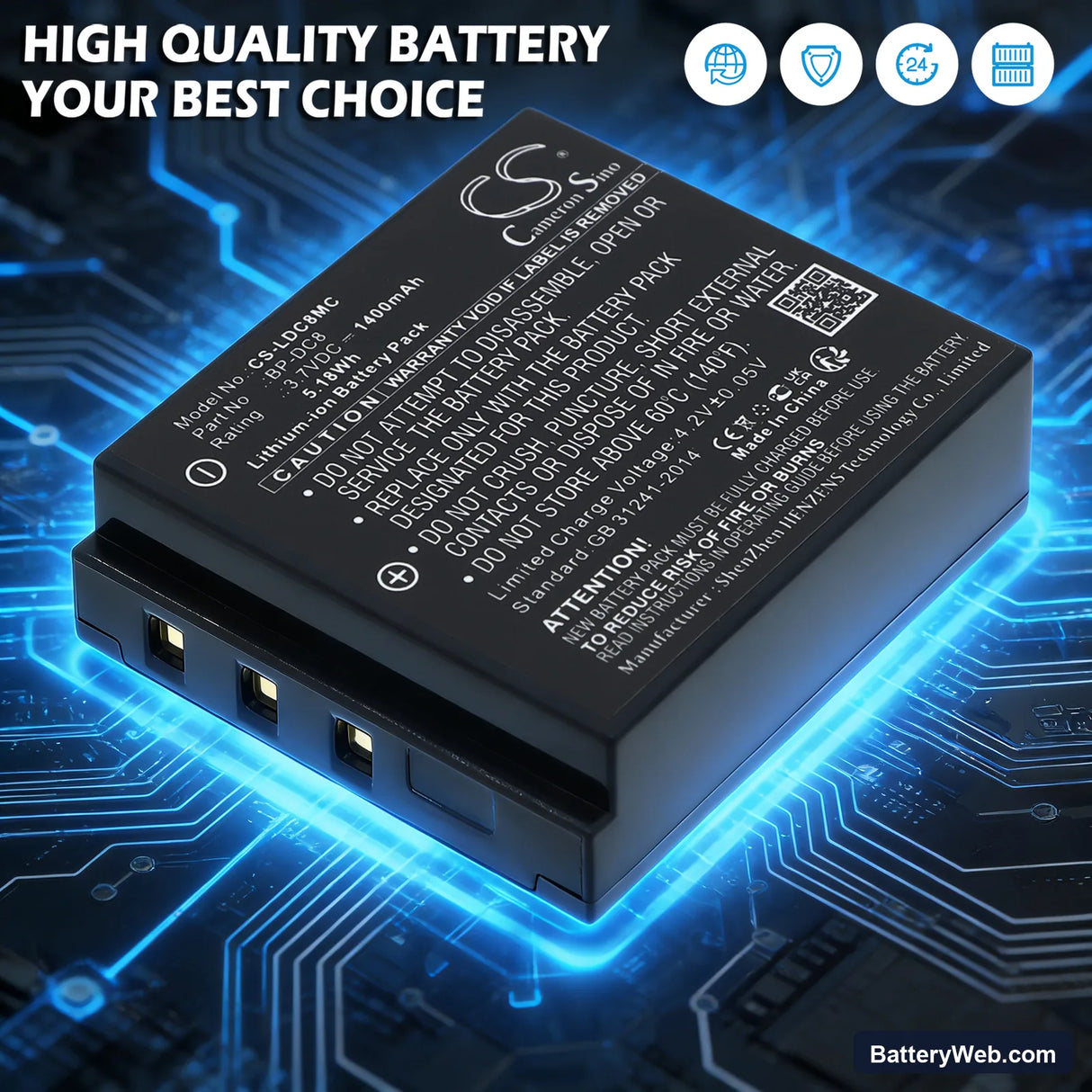 Leica X1 Replacement Battery, 3.7V, 1400mAh, Li-ion 7