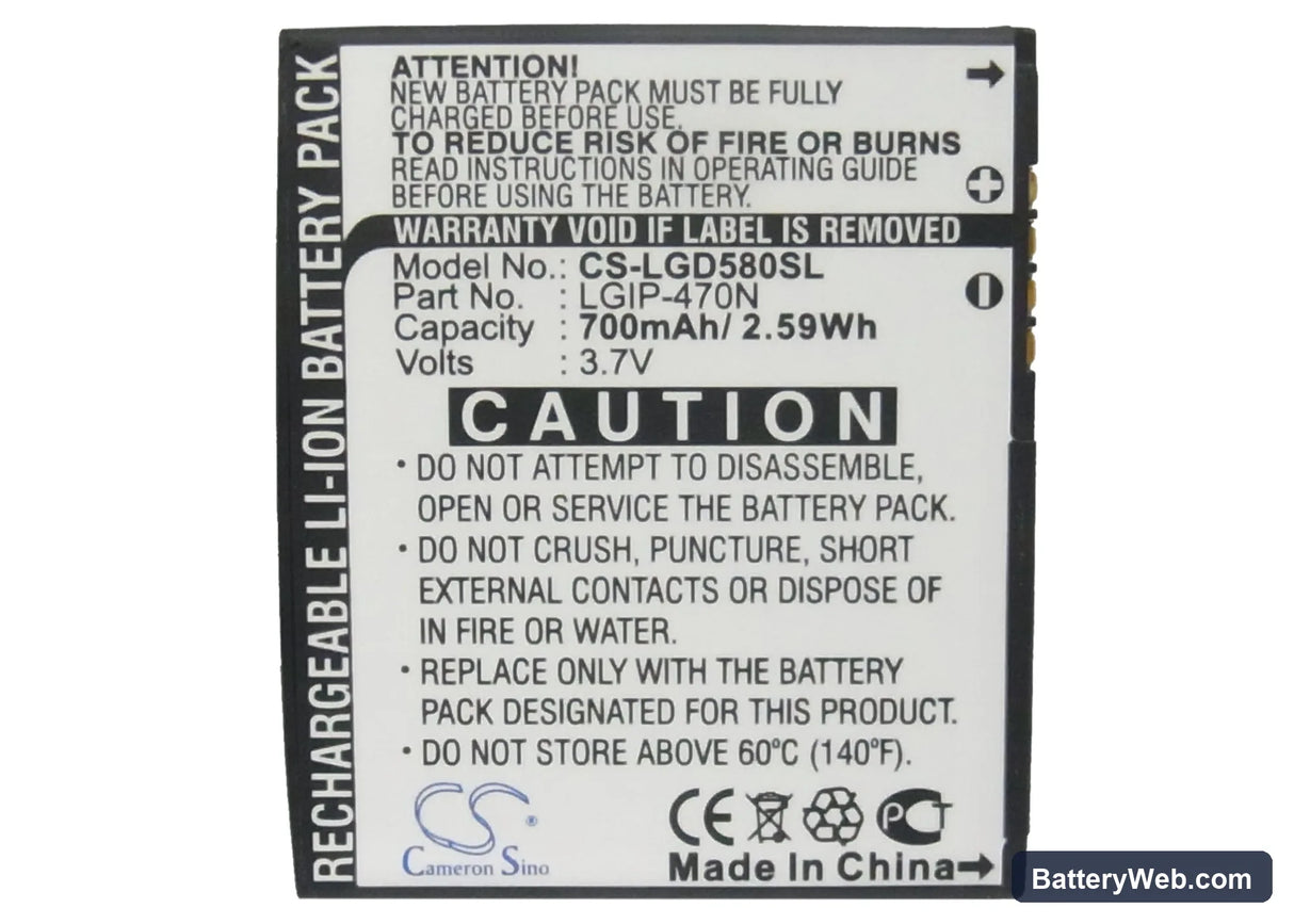 LG GD580 Replacement Battery, 3.7V, 700mAh, Li-ion 5