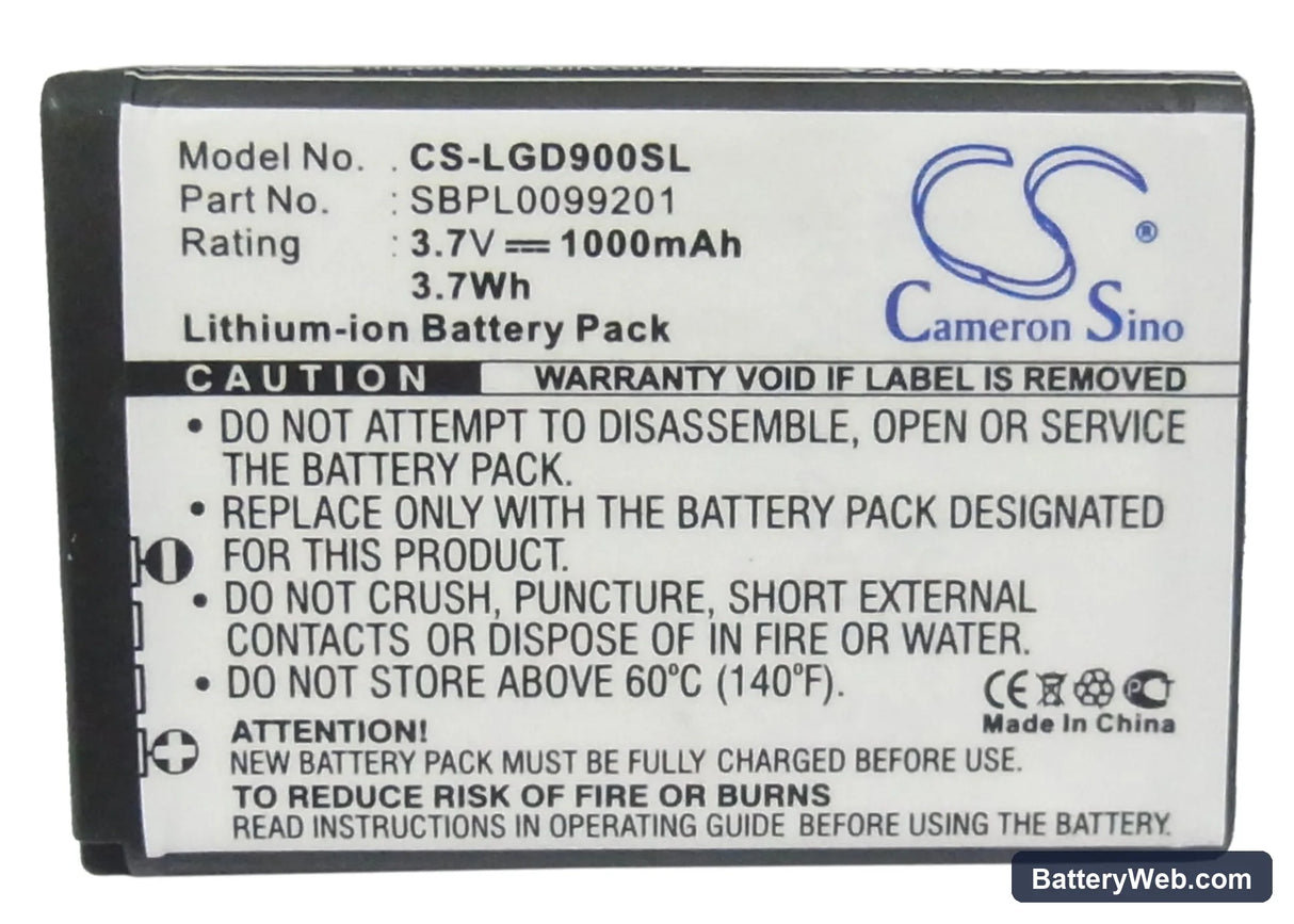 LG GD900 Replacement Battery, 3.7V, 1000mAh, Li-ion 5
