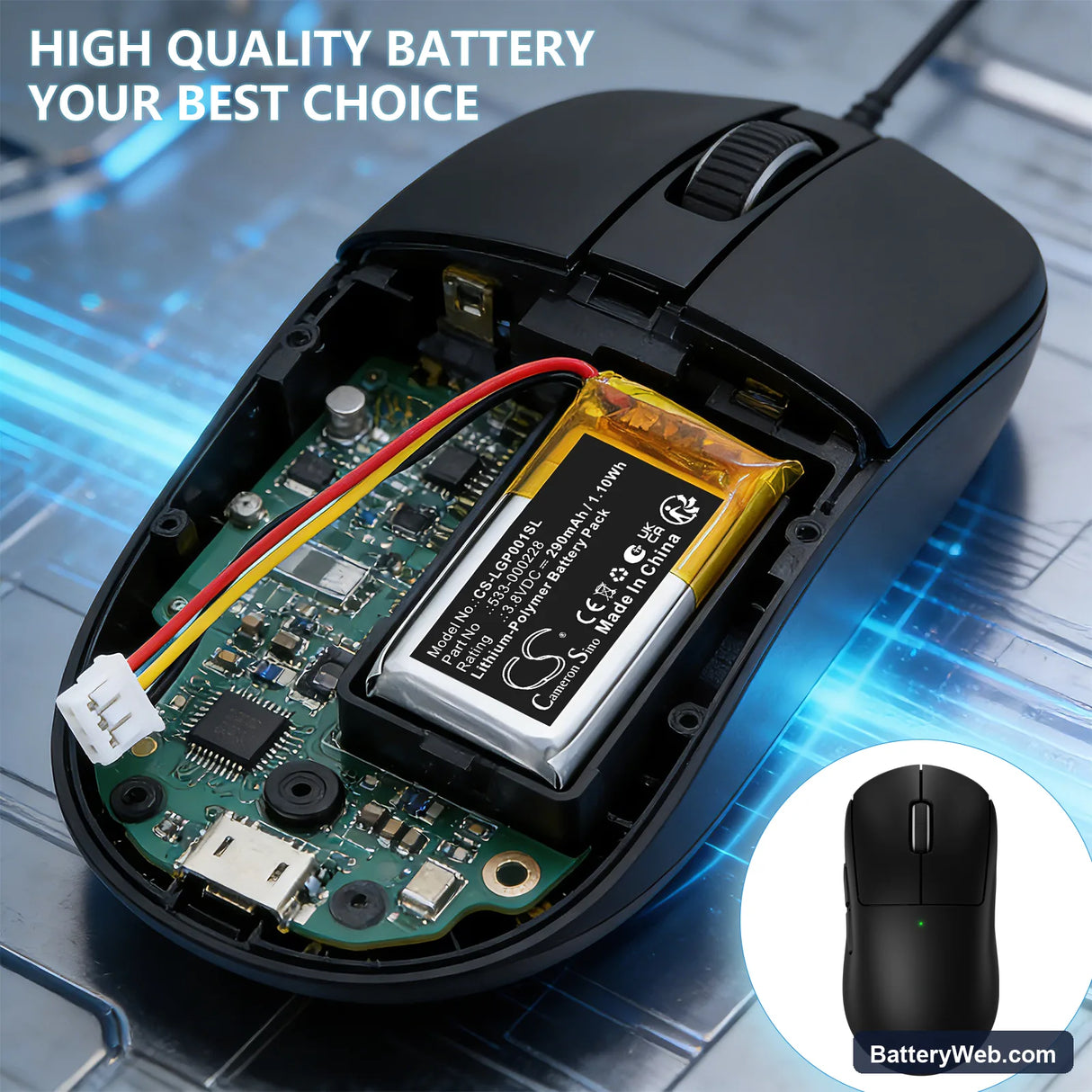 Logitech G Pro X Superlight 2 Gaming Mouse Replacement Battery, 3.8V, 290mAh, Li-Polymer 6