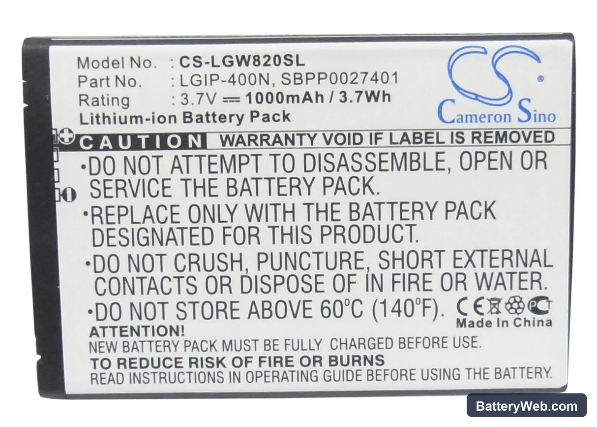 LG GW820 Replacement Battery, 3.7V, 1000mAh, Li-ion 5