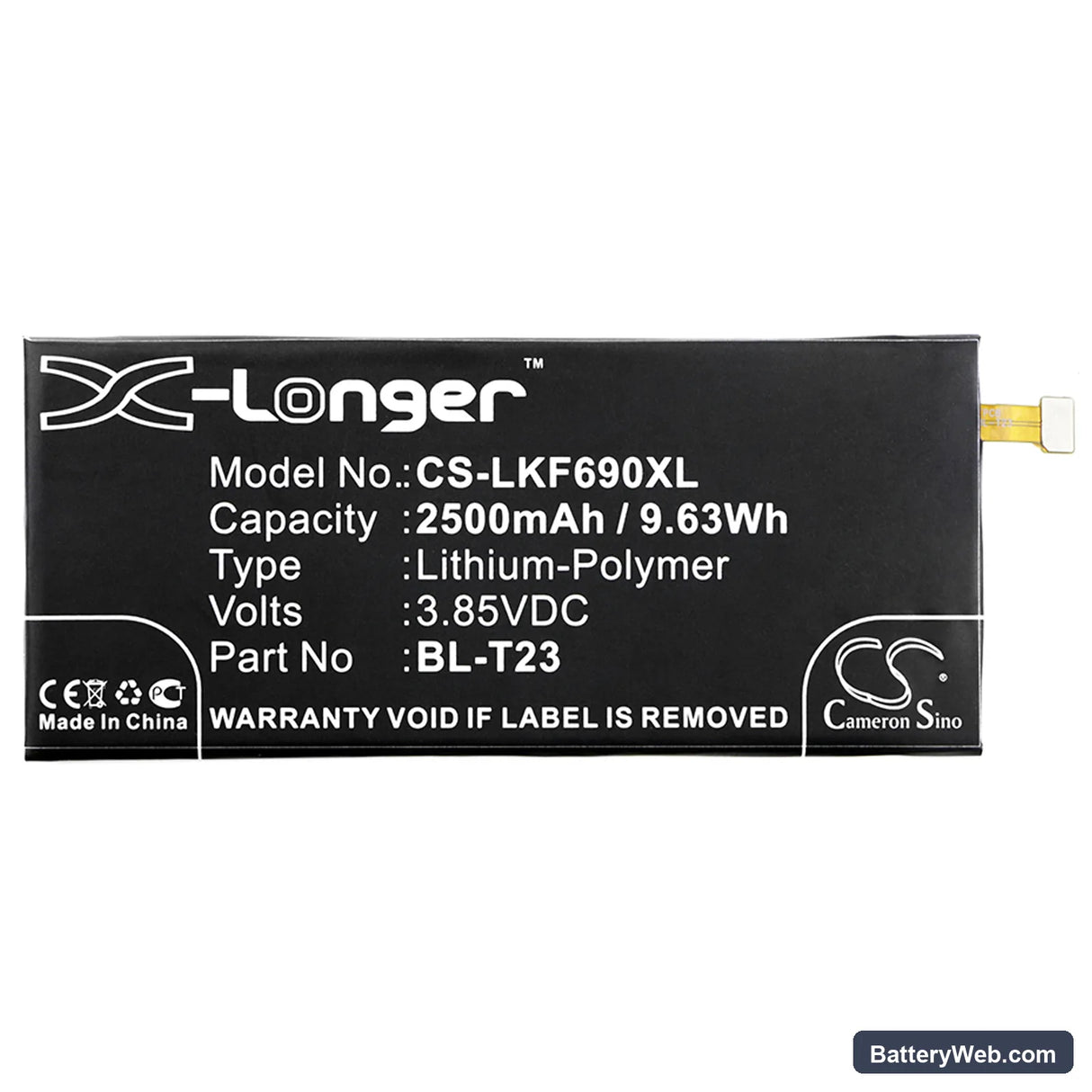 LG X Cam Replacement Battery, 3.85V, 2500mAh, Li-Polymer 3