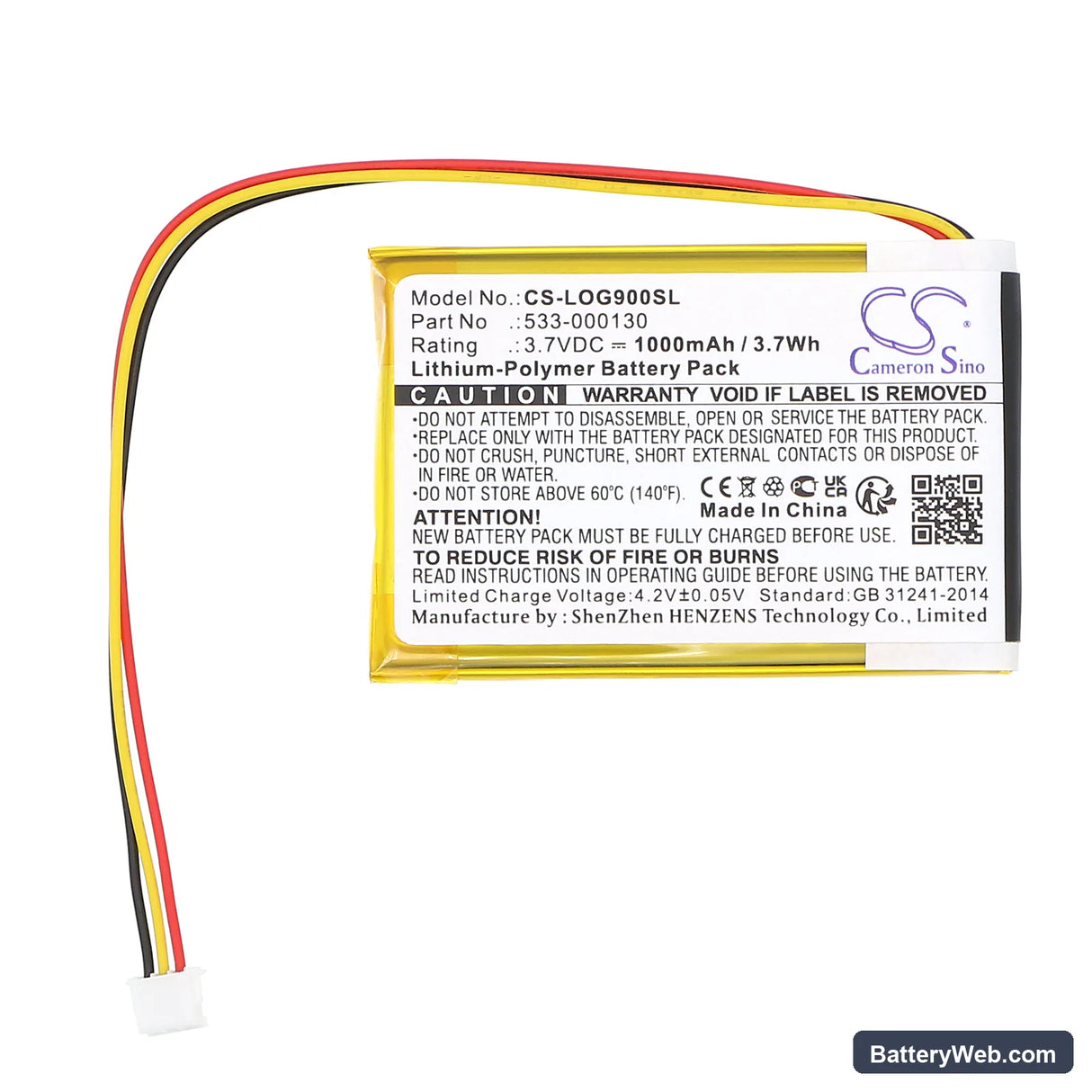 Logitech G900 Replacement Battery, 3.7V, 1000mAh, Li-Polymer 3