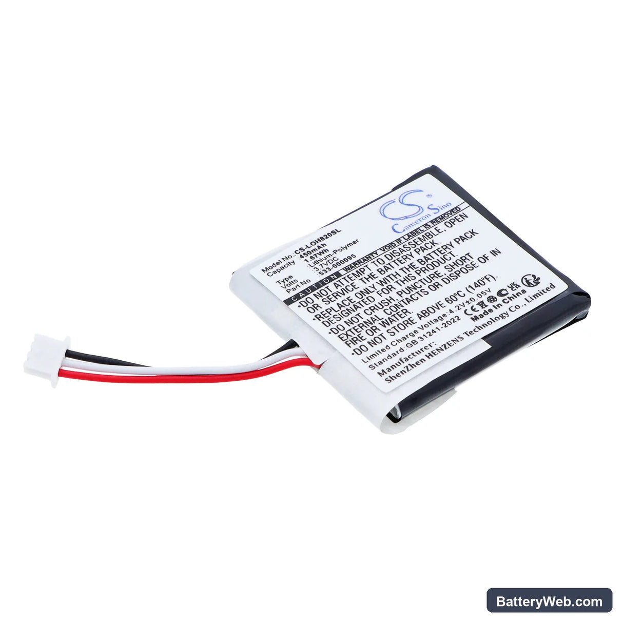 Logitech H820e Replacement Battery, 3.7V, 450mAh, Li-Polymer 1