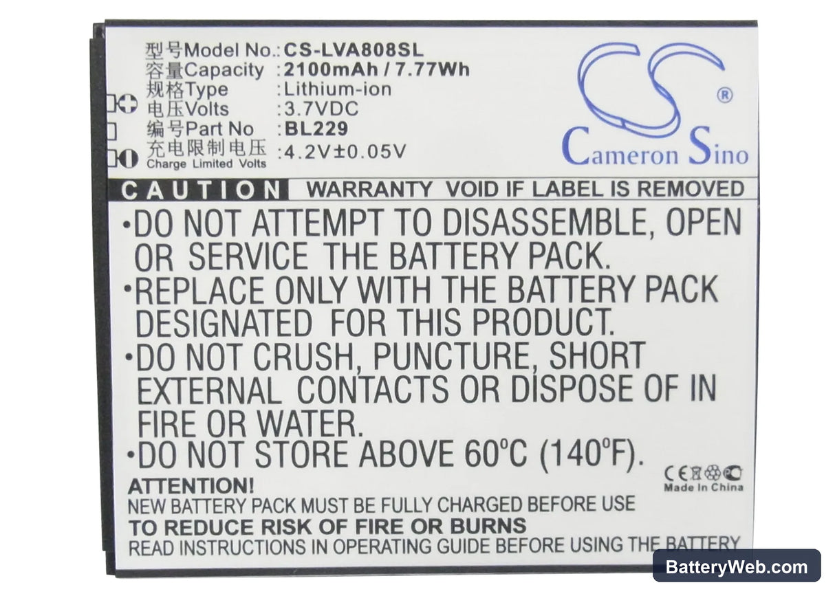 Lenovo A8 Replacement Battery, 3.7V, 2100mAh, Li-ion 5