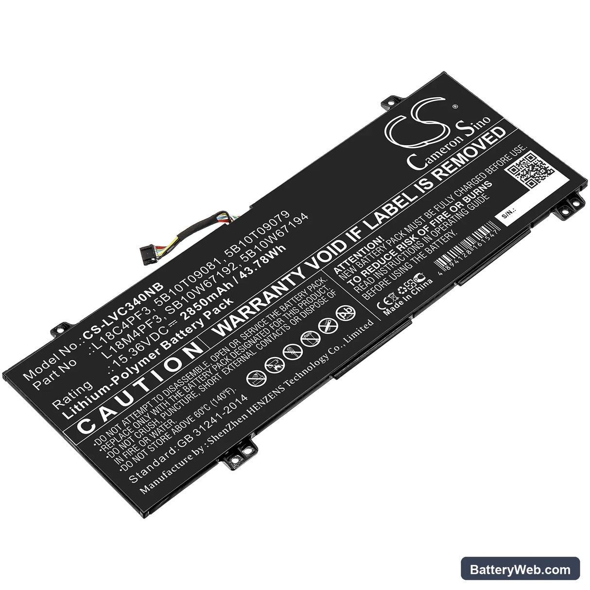 Lenovo IdeaPad C340-14IWL Replacement Battery, 15.36V, 2850mAh, Li-Polymer 1