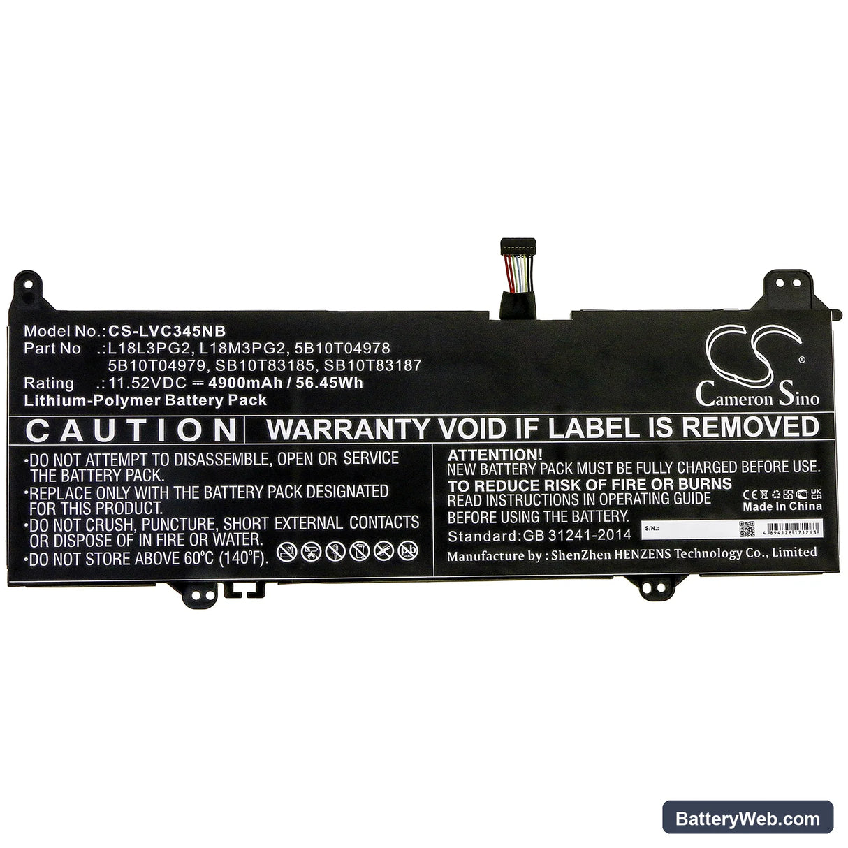 Lenovo Chromebook S345-14AST (81WX0008GE) Replacement Battery, 11.52V, 4900mAh, Li-Polymer 3