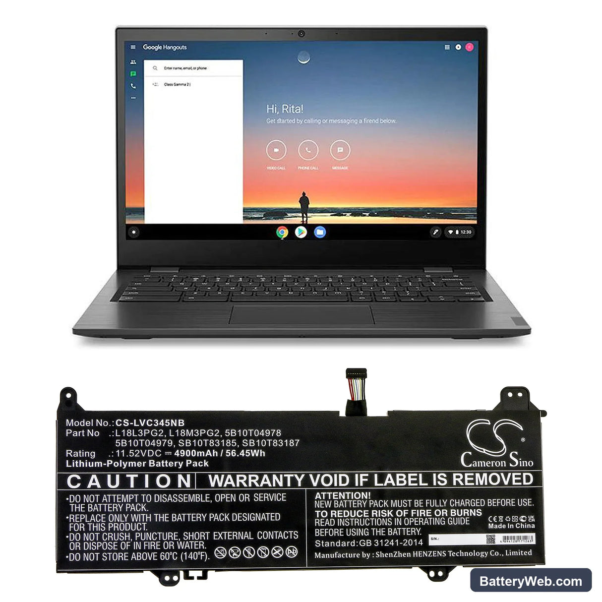 Lenovo Chromebook S345-14AST (81WX0008GE) Replacement Battery, 11.52V, 4900mAh, Li-Polymer 5