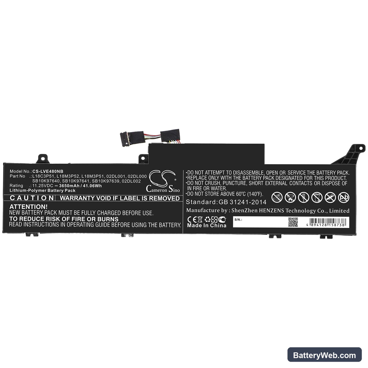 Lenovo ThinkPad E480S Replacement Battery, 11.25V, 3650mAh, Li-Polymer 3