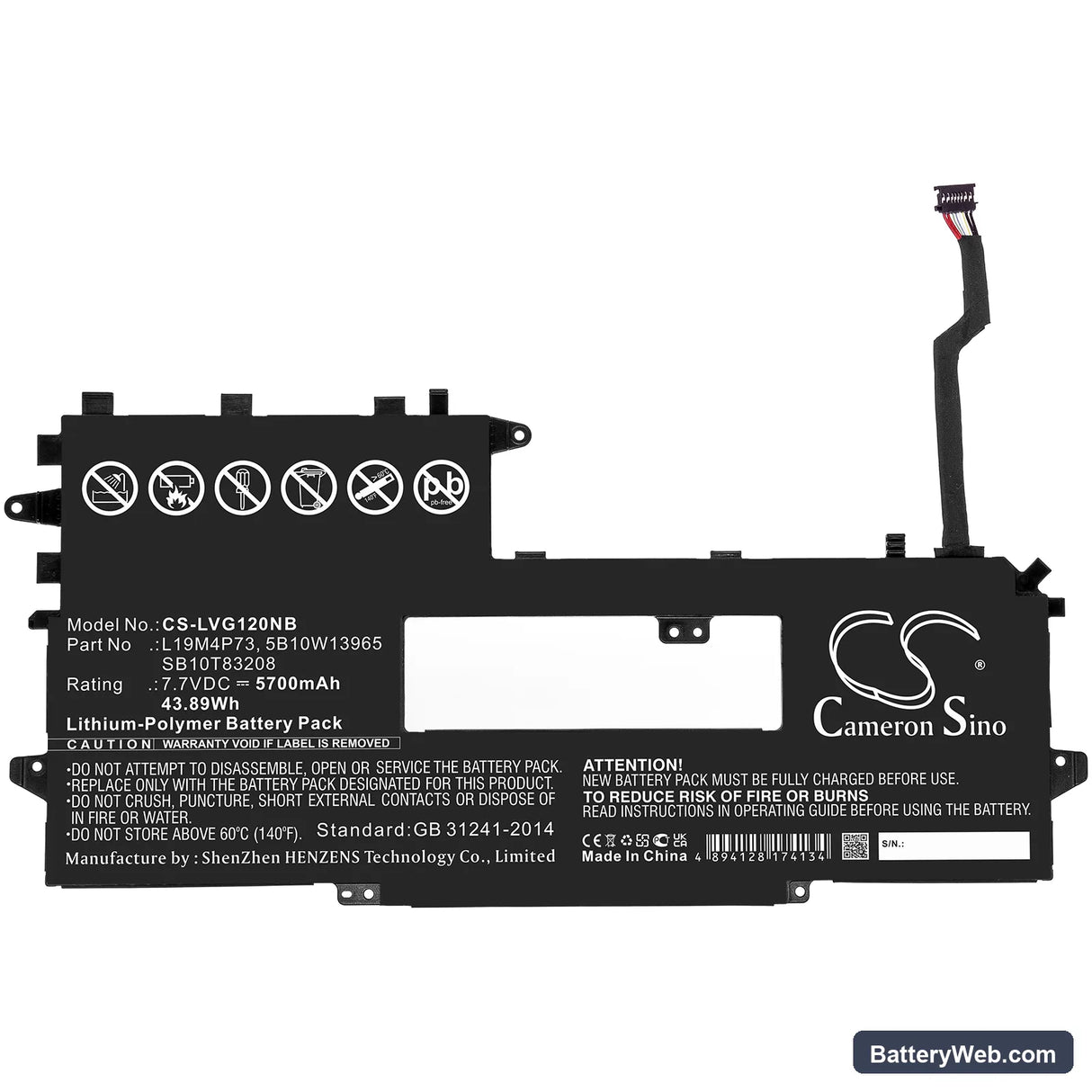 Lenovo ThinkPad X1 Titanium Yoga Gen 1 20QA001QPB Replacement Battery, 7.7V, 5700mAh, Li-Polymer 3
