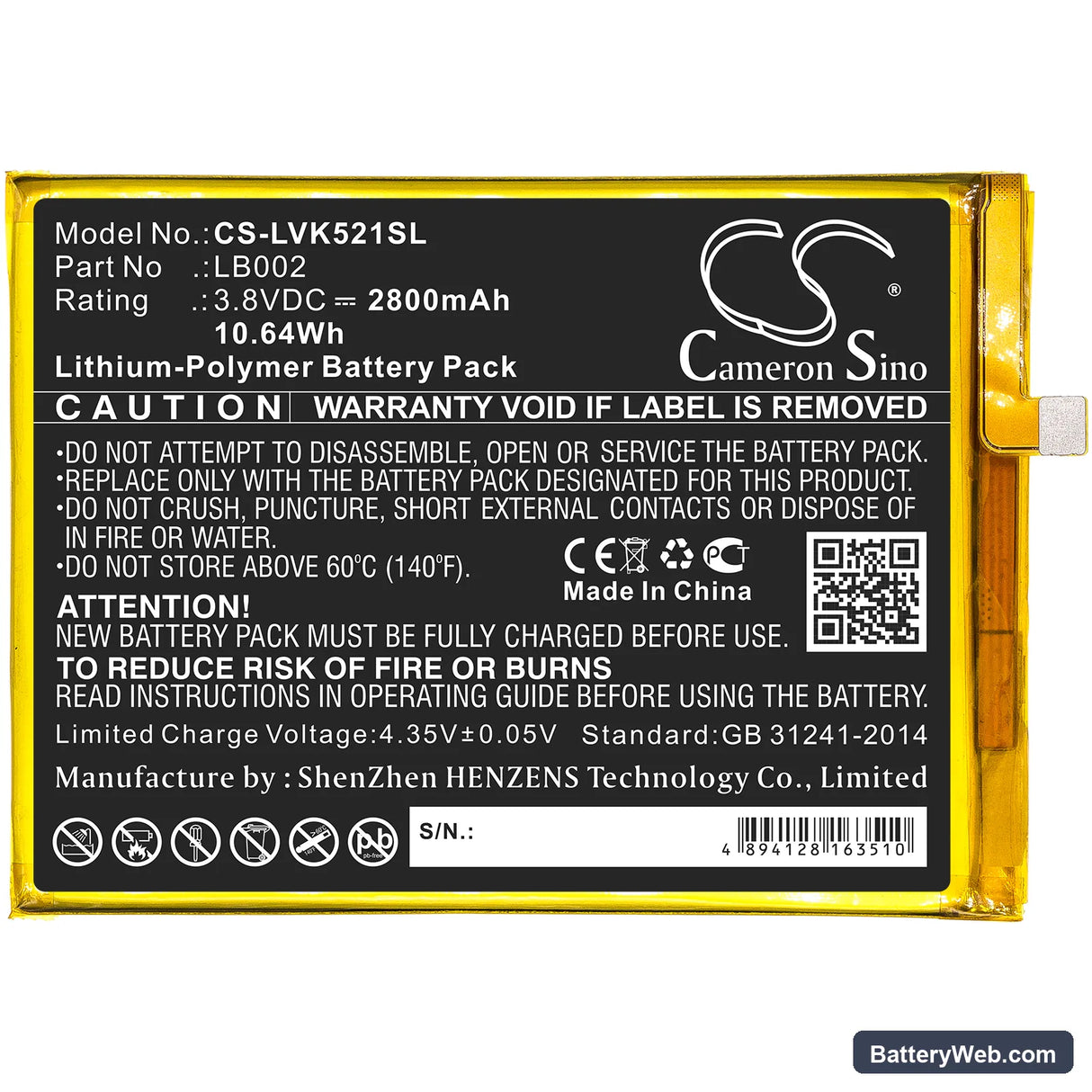 Lenovo S5 Replacement Battery, 3.8V, 2800mAh, Li-Polymer 3
