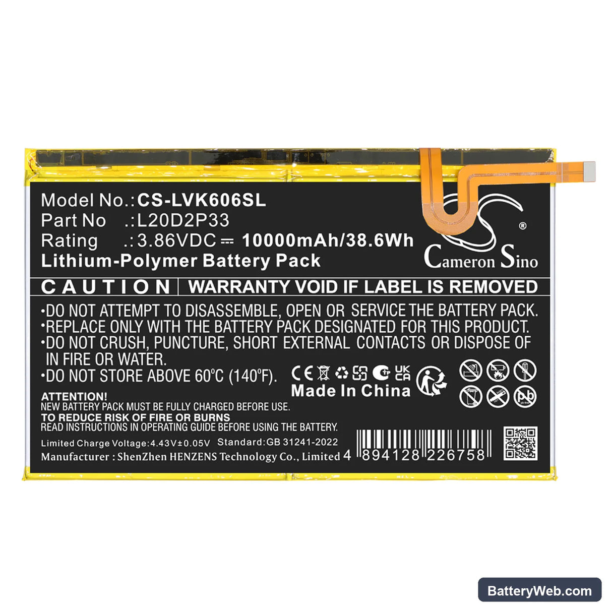 Lenovo Yoga Pad Pro Replacement Battery, 3.86V, 10000mAh, Li-Polymer 3