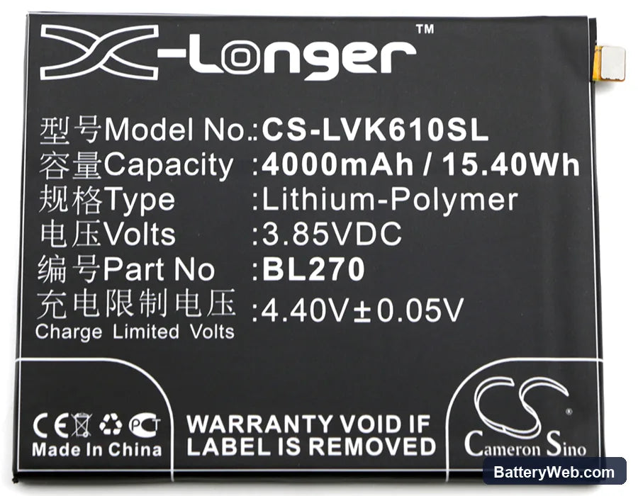 Lenovo Vibe K6 Plus Replacement Battery, 3.85V, 4000mAh, Li-Polymer 3