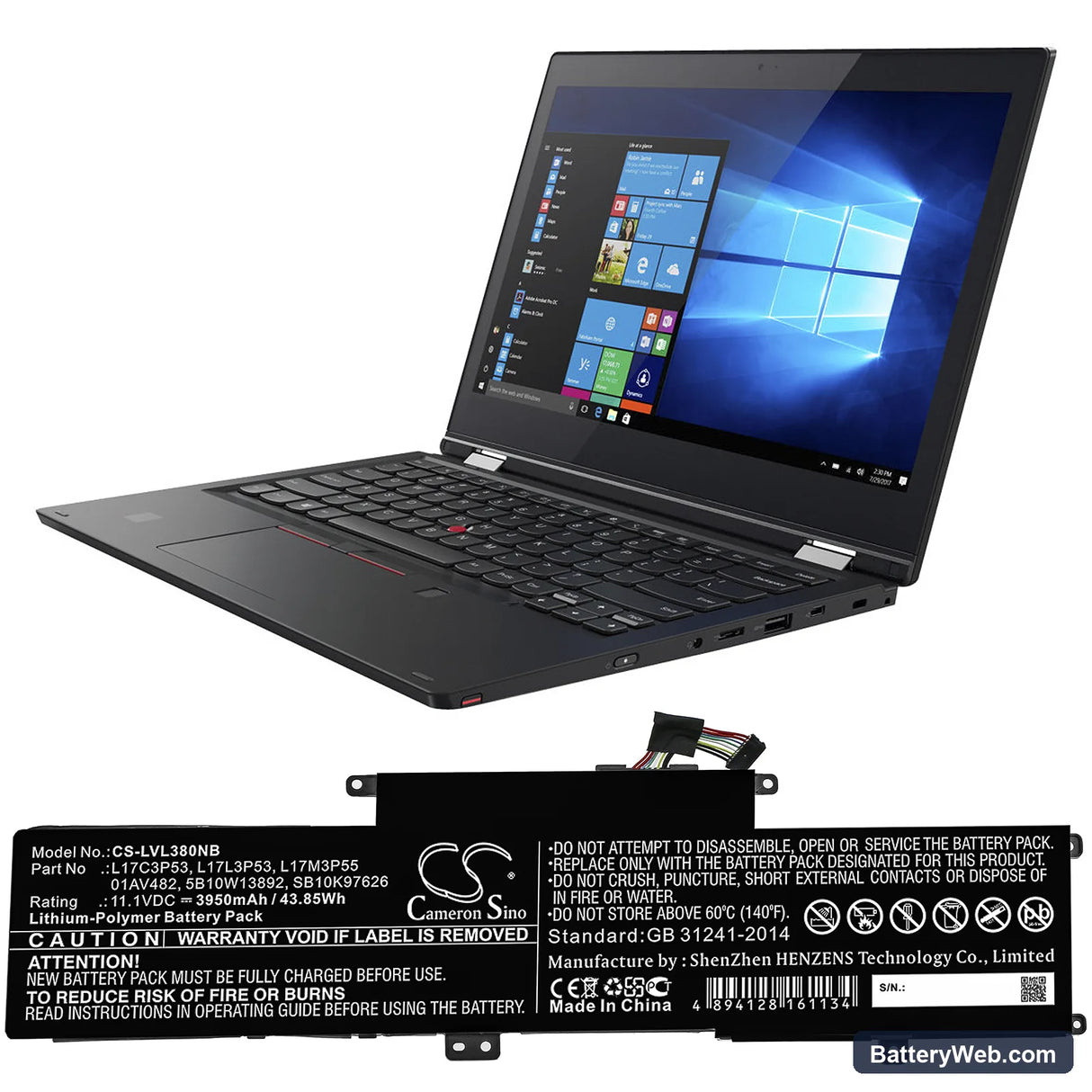 Lenovo Yoga L390 Replacement Battery, 11.1V, 3950mAh, Li-Polymer 5