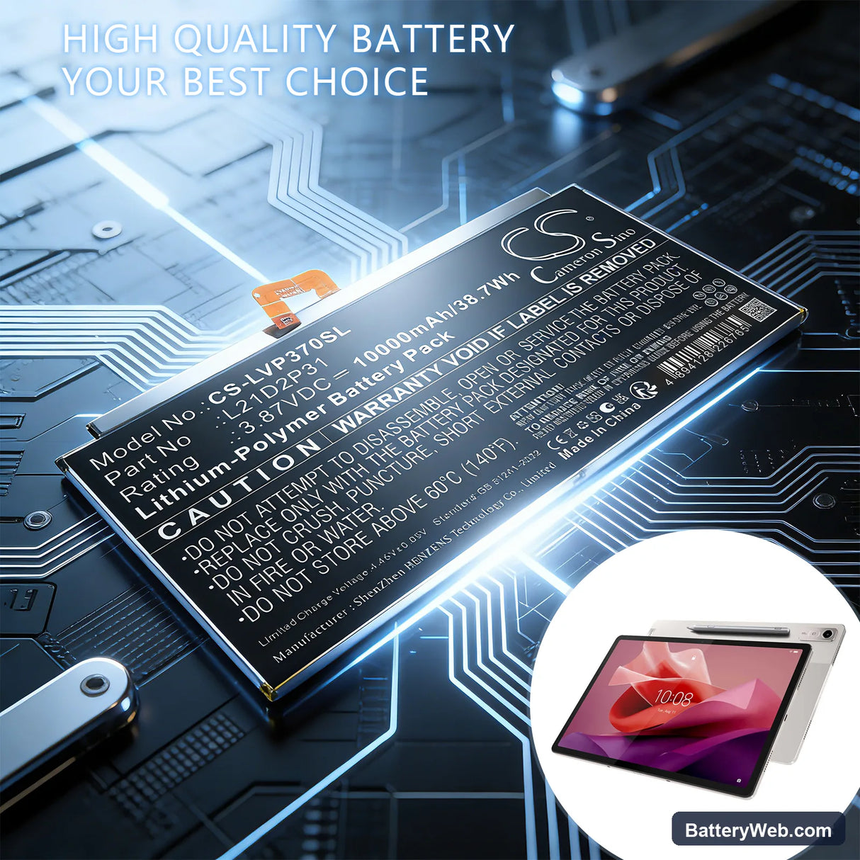 Lenovo Tab P12 Replacement Battery, 3.87V, 10000mAh, Li-Polymer 5
