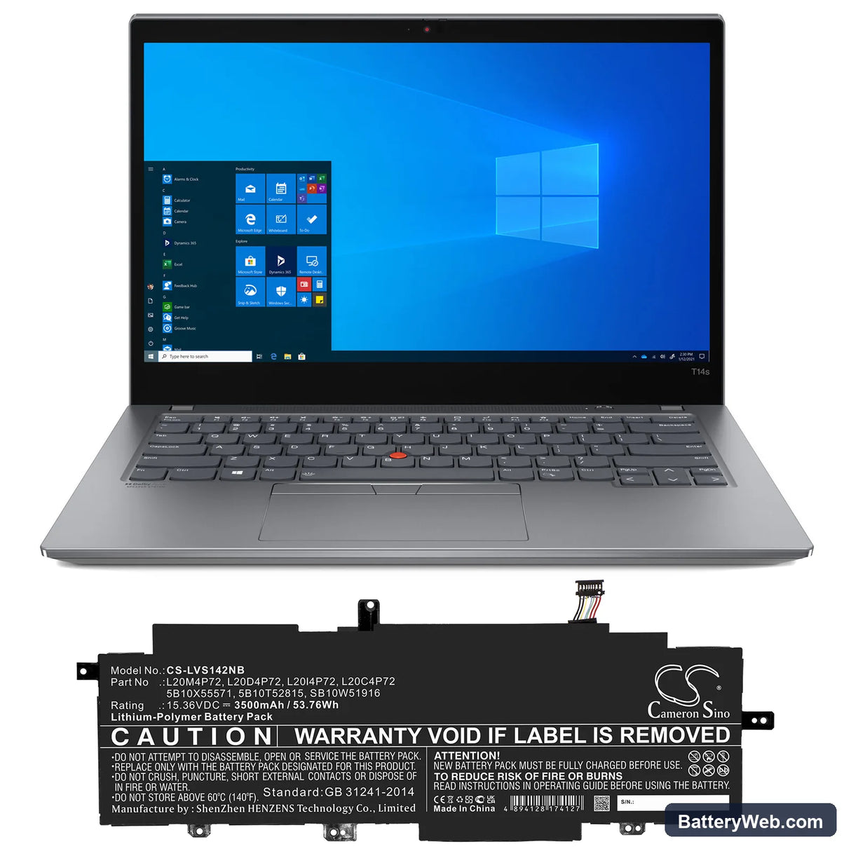 Lenovo ThinkPad T14s Gen 2 Replacement Battery, 15.36V, 3500mAh, Li-Polymer 5