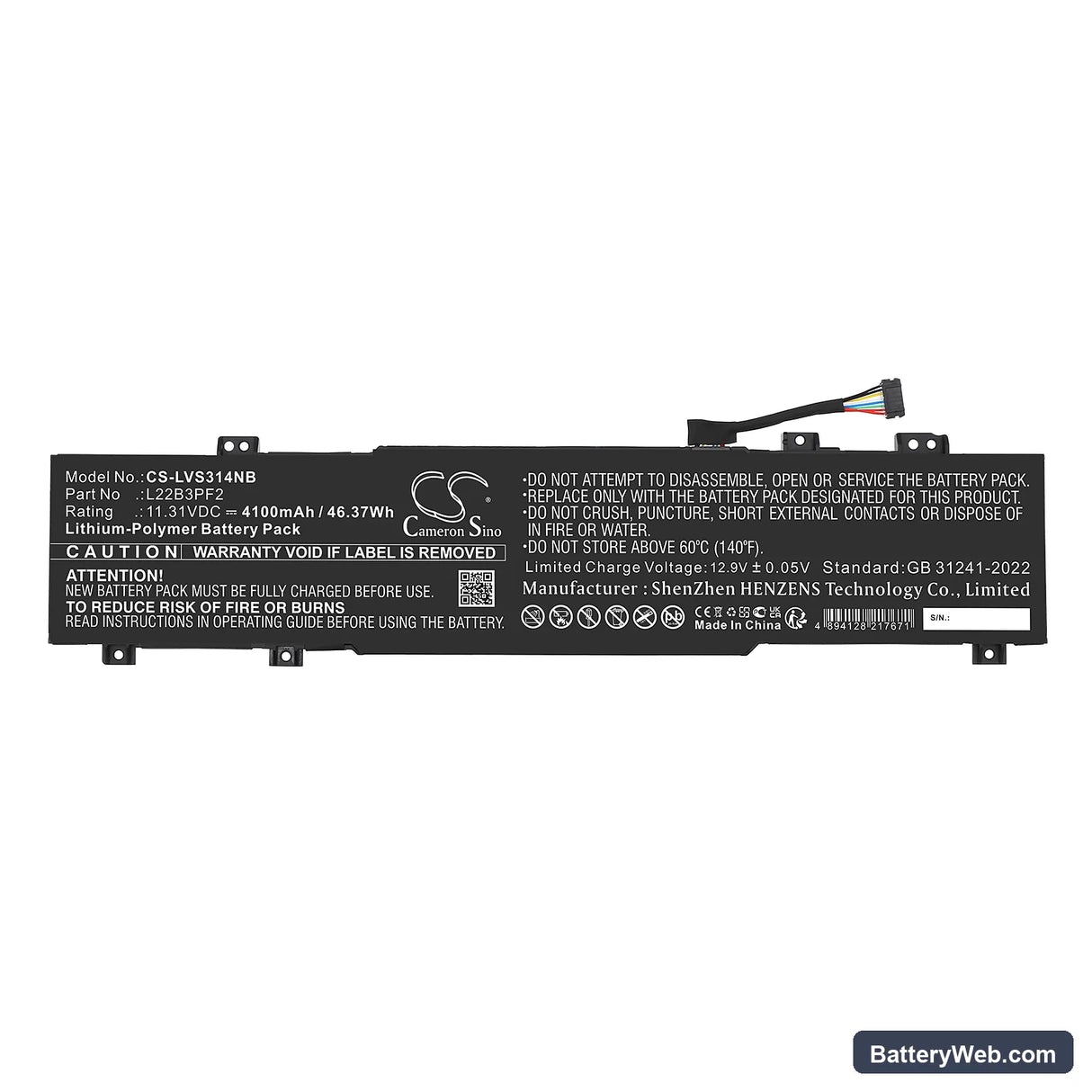 Lenovo IdeaPad Slim 3 14ABR8 82XL000JHH Replacement Battery, 11.31V, 4100mAh, Li-Polymer 3