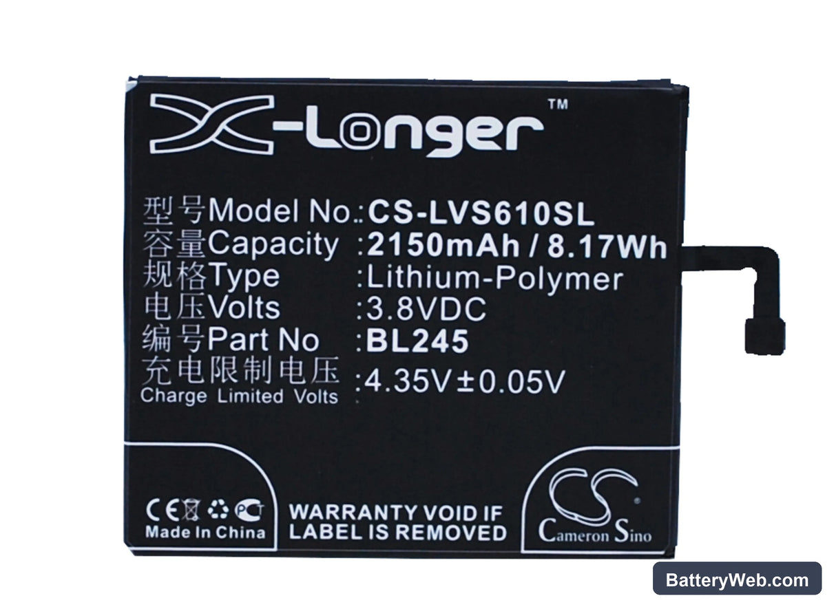 Lenovo S60 Replacement Battery, 3.8V, 2150mAh, Li-Polymer 1