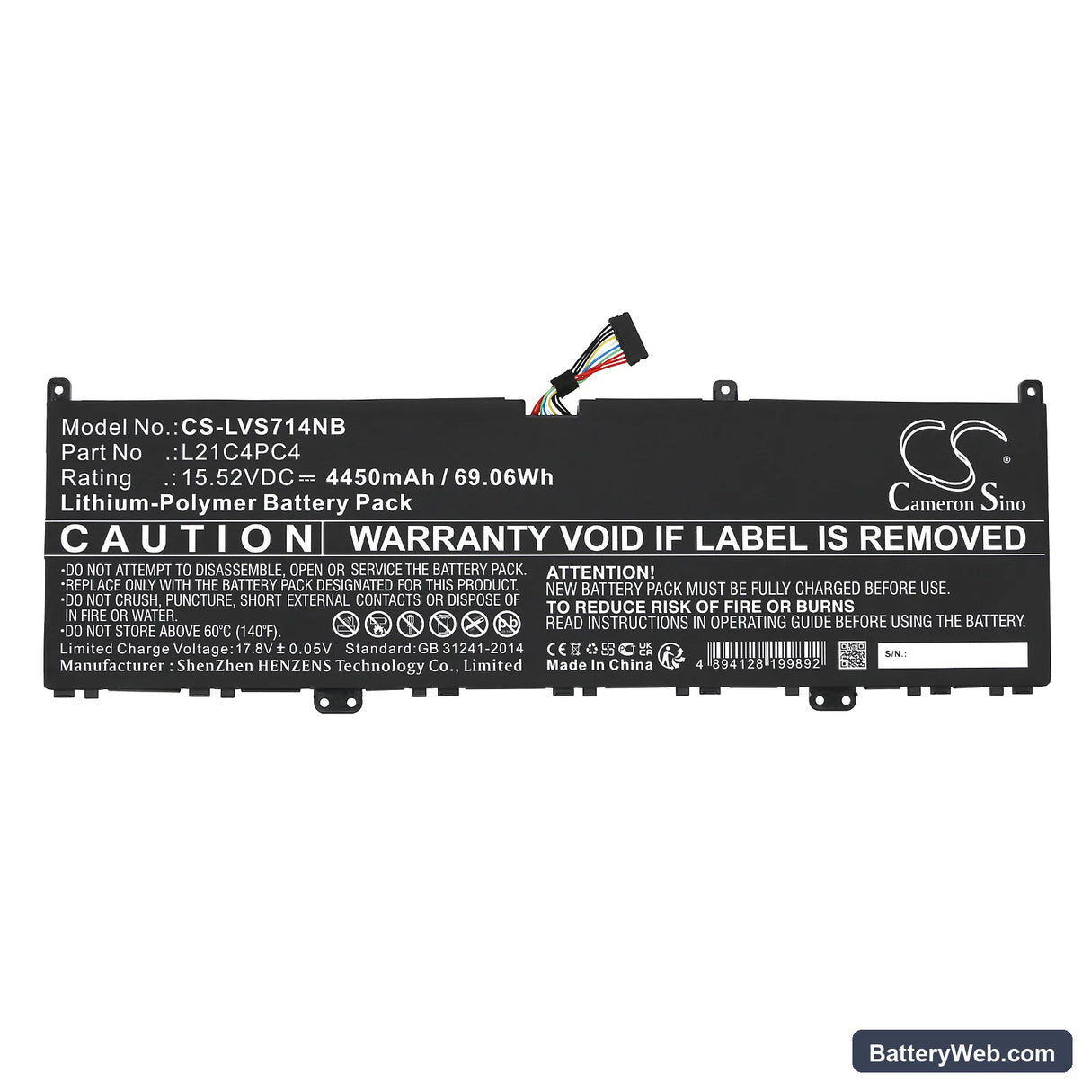 Lenovo Yoga Slim 7 ProX 14IAH7 82TK0076MX Replacement Battery, 15.52V, 4450mAh, Li-Polymer 3