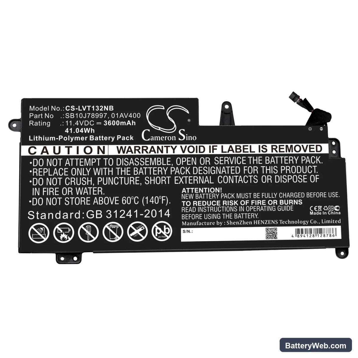 Lenovo ThinkPad 13 Chromebook Replacement Battery, 11.4V, 3600mAh, Li-Polymer 3