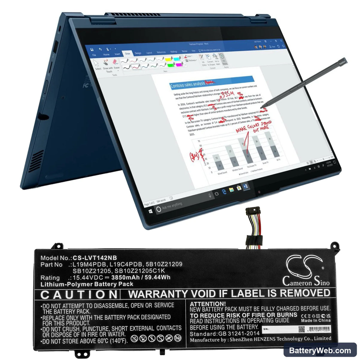 Lenovo ThinkBook 14s Yoga ITL-20WE000YAU Replacement Battery, 15.44V, 3850mAh, Li-Polymer 5