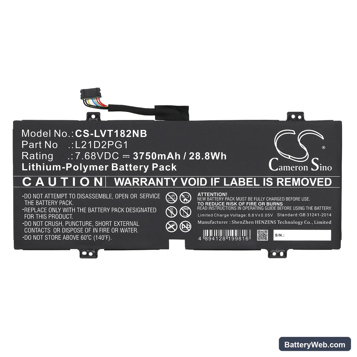Lenovo 10W-82ST Tablet Replacement Battery, 7.68V, 3750mAh, Li-Polymer 3