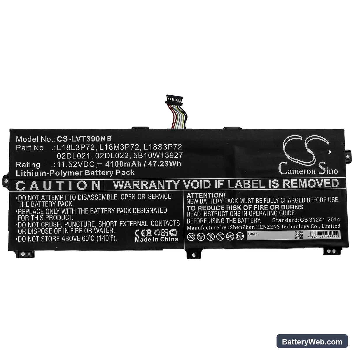 Lenovo X390 Yoga(05CD) Replacement Battery, 11.52V, 4100mAh, Li-Polymer 3