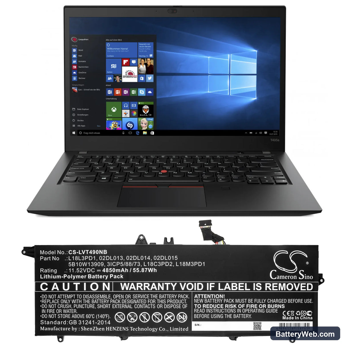 Lenovo ThinkPad T490s(20NX0015CD) Replacement Battery, 11.52V, 4850mAh, Li-Polymer 5
