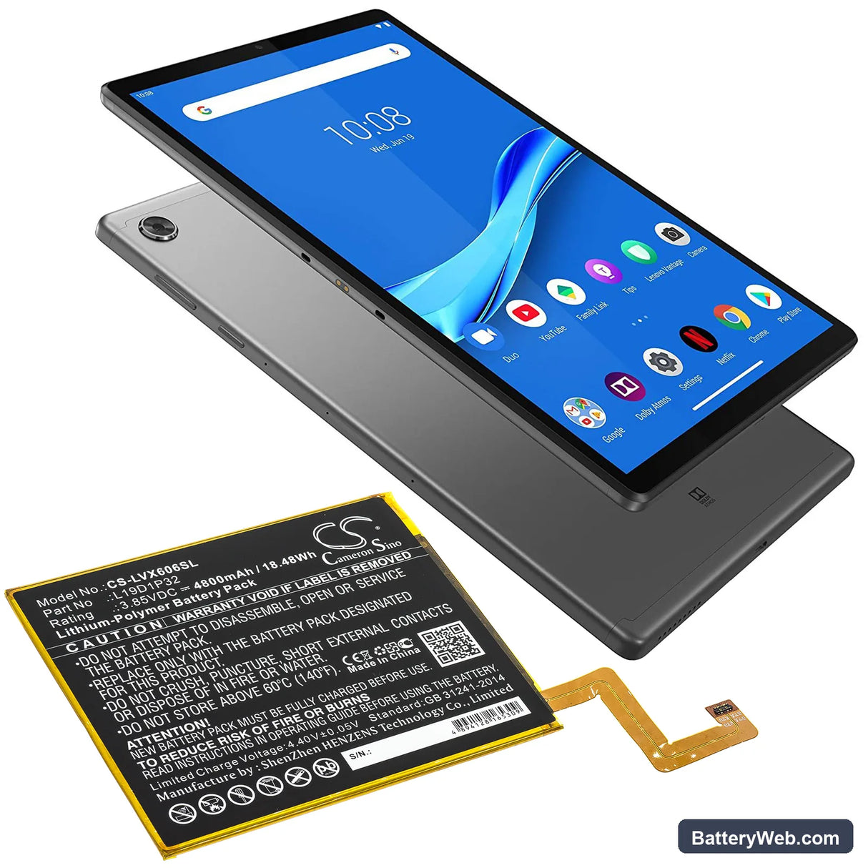 Lenovo Tab M10 Plus Replacement Battery, 3.85V, 4800mAh, Li-Polymer 5