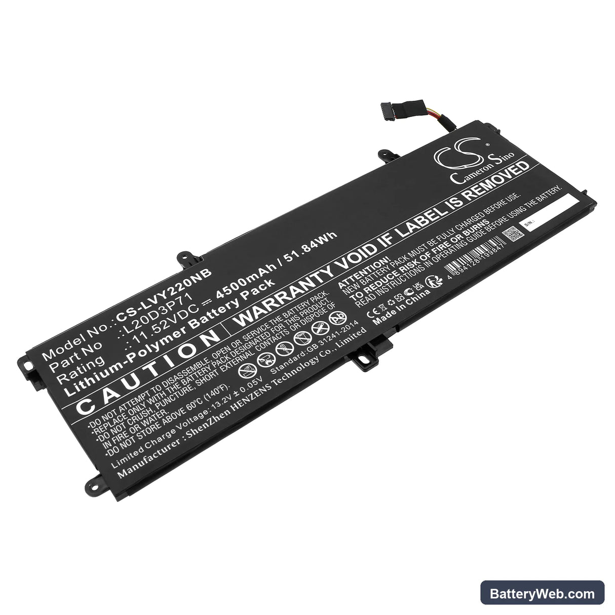 Lenovo ThinkPad X13 Yoga G2 20W8001JCK Replacement Battery, 11.52V, 4500mAh, Li-Polymer 1