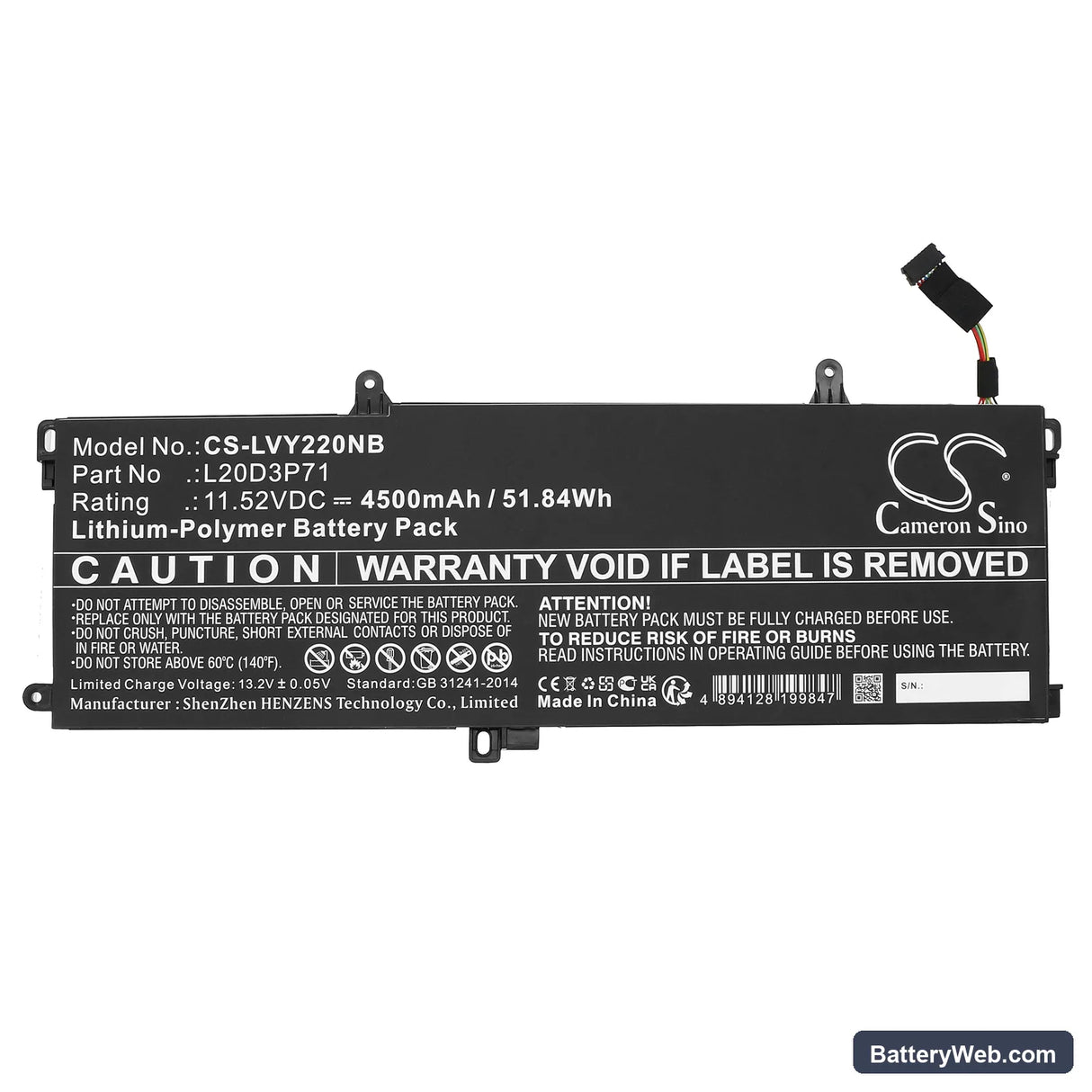 Lenovo ThinkPad X13 Yoga G2 20W8001JCK Replacement Battery, 11.52V, 4500mAh, Li-Polymer 3