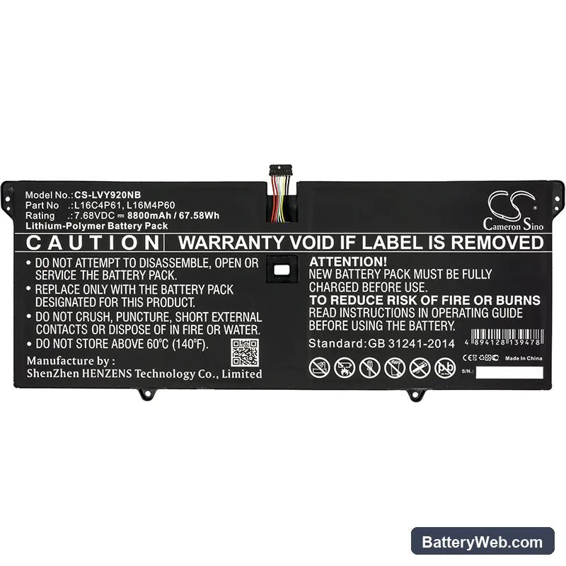 Lenovo Yoga 920 Replacement Battery, 7.68V, 8800mAh, Li-Polymer 3