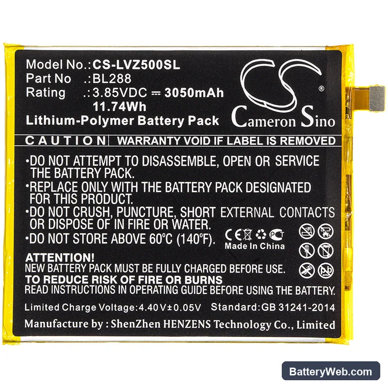 Lenovo Zuk Z5 Replacement Battery, 3.85V, 3050mAh, Li-Polymer 3