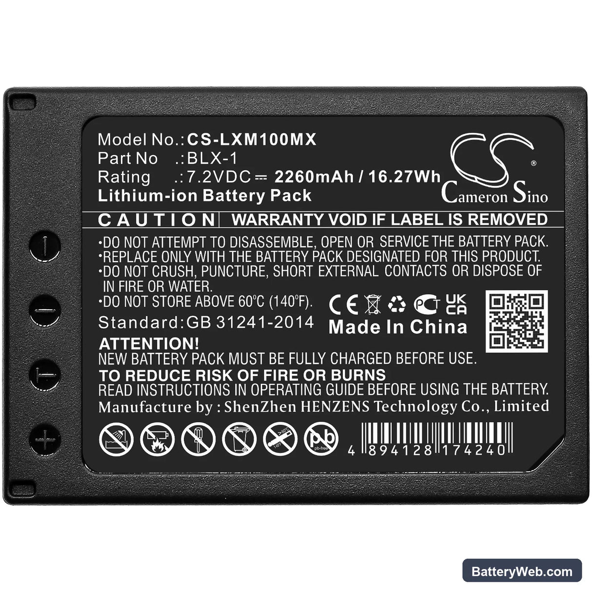 Olympus OM SYSTEM OM-1 Replacement Battery, 7.2V, 2260mAh, Li-ion 3