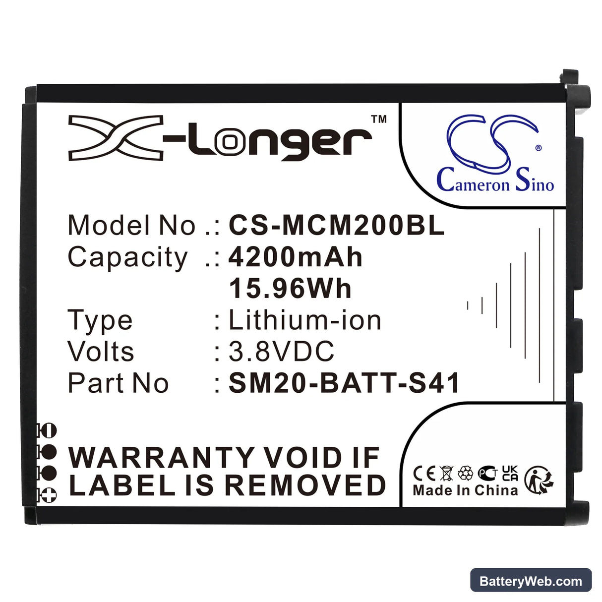 M3 Mobile SM20 Replacement Battery, 3.8V, 4200mAh, Li-ion 3