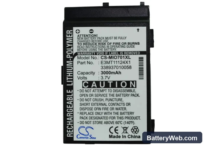 Mitac Mio A700 Replacement Battery, 3.7V, 3000mAh, Li-Polymer 5