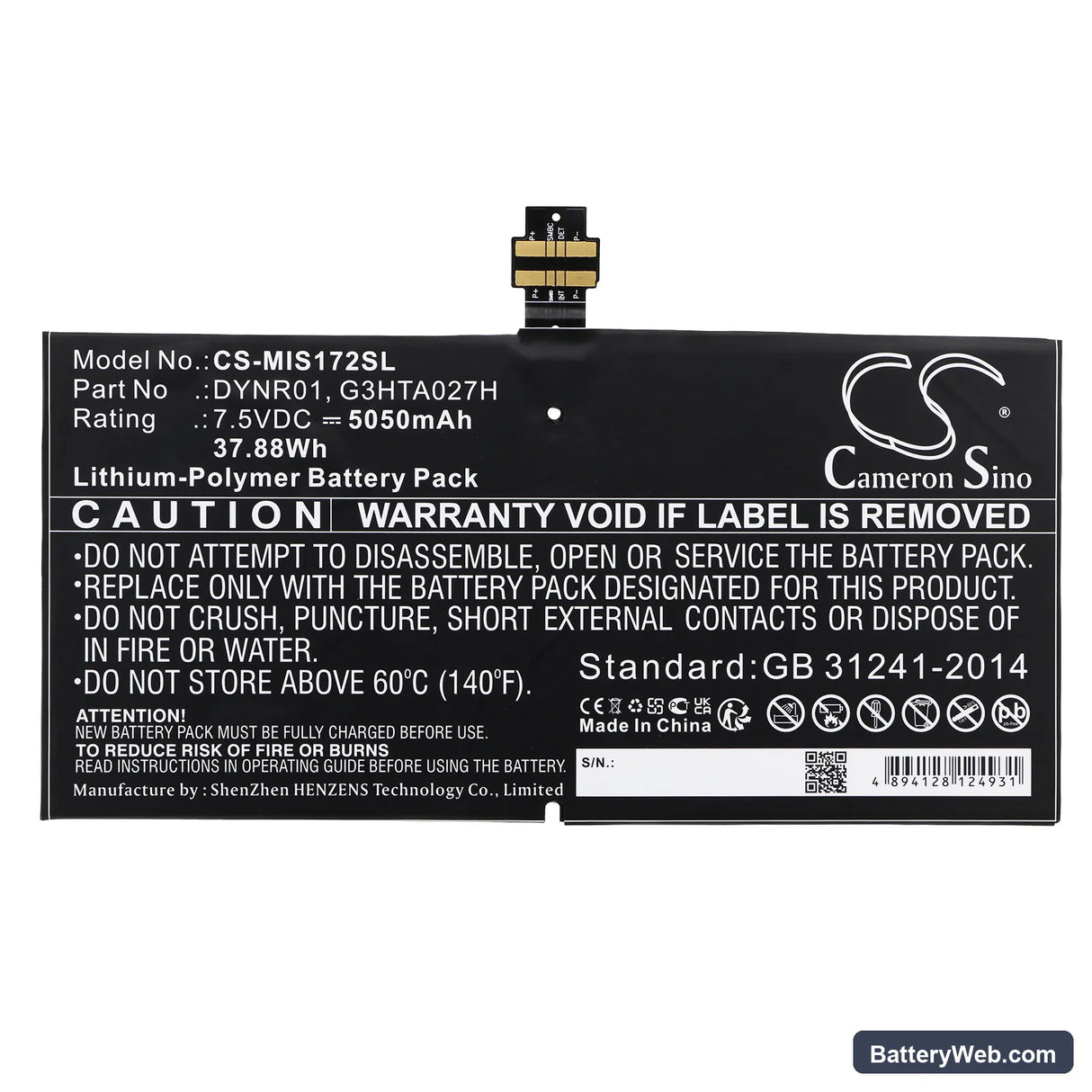 Microsoft Surface 4 Replacement Battery, 7.5V, 5050mAh, Li-Polymer 3