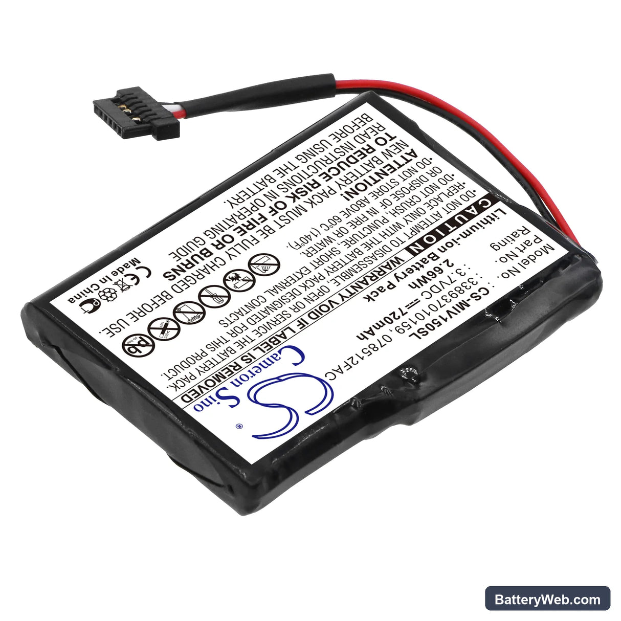 Mitac Mio Moov 150 Replacement Battery, 3.7V, 720mAh, Li-ion 2