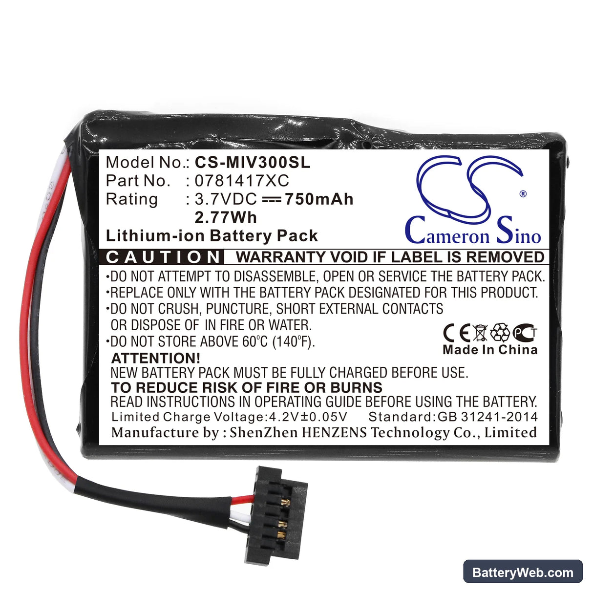Mitac Mio Moov 300 Replacement Battery, 3.7V, 750mAh, Li-ion 3