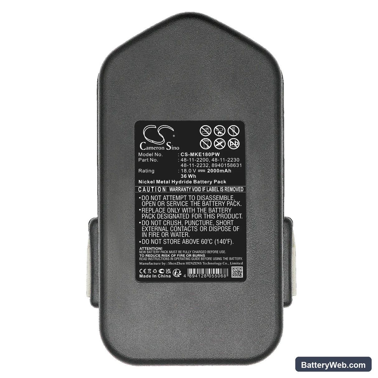 Milwaukee 0521-20 Replacement Battery, 18V, 2000mAh, Ni-MH 5