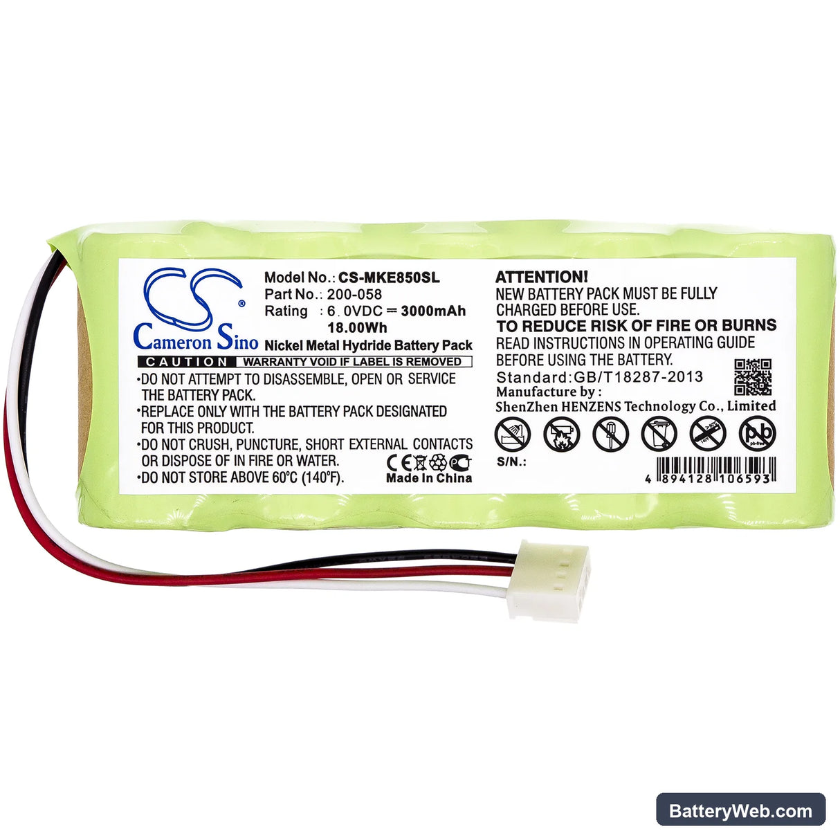 Panametrics Magna-Mike 8500 Replacement Battery, 6V, 3000mAh, Ni-MH 3